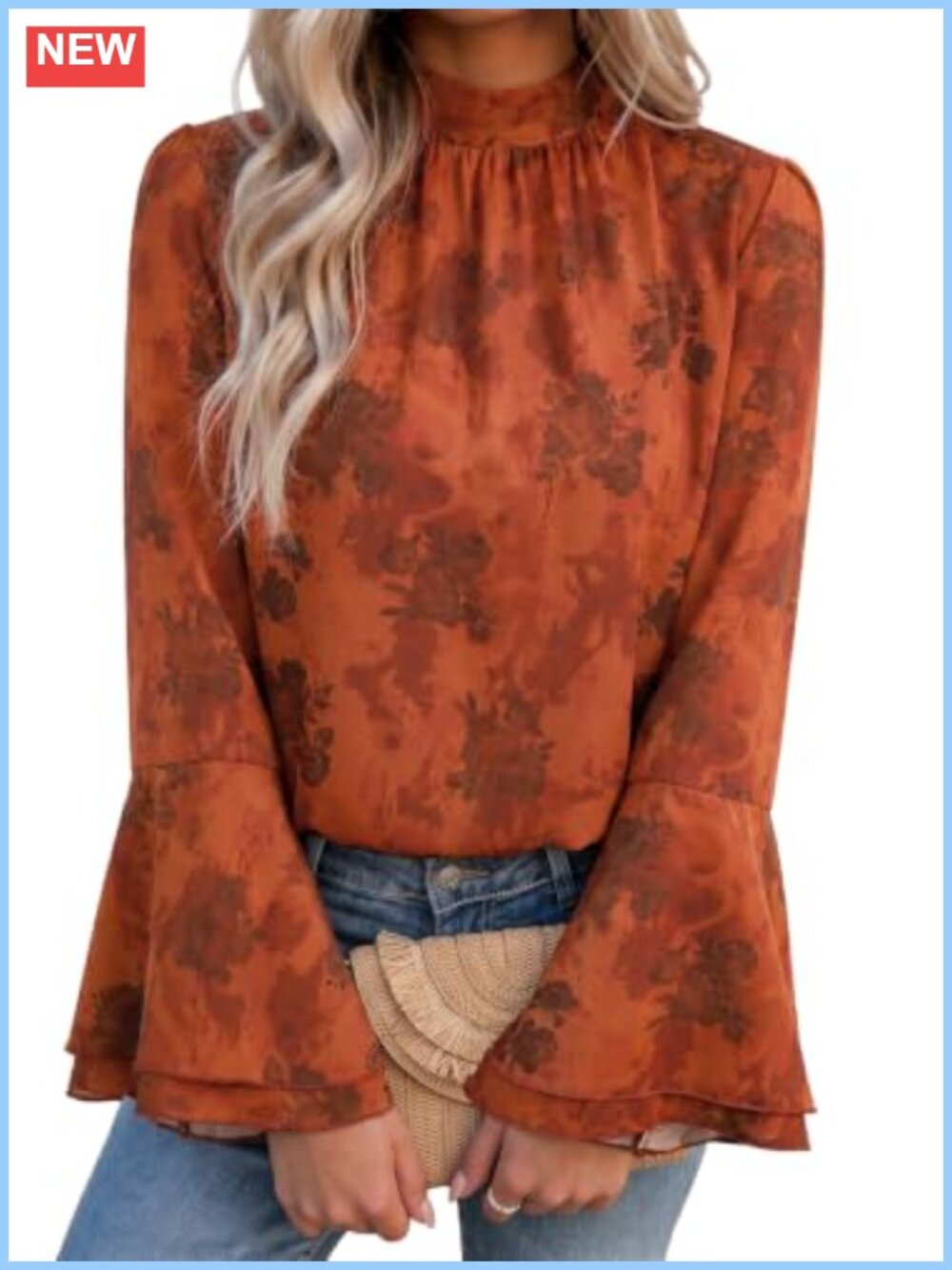 Boho Floral Bell Sleeve Mock Neck Blouse